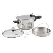 ديگ زودپز استیل کف سه لایه پارس ۴/۵ ليتری با در پیرکس و سبد بخار پز