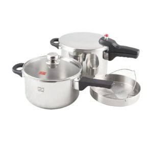 ديگ زودپز دو قلو استیل پارس با در پیرکس و سبد بخارپز کف سه لایه 4/5 و 6 لیتری