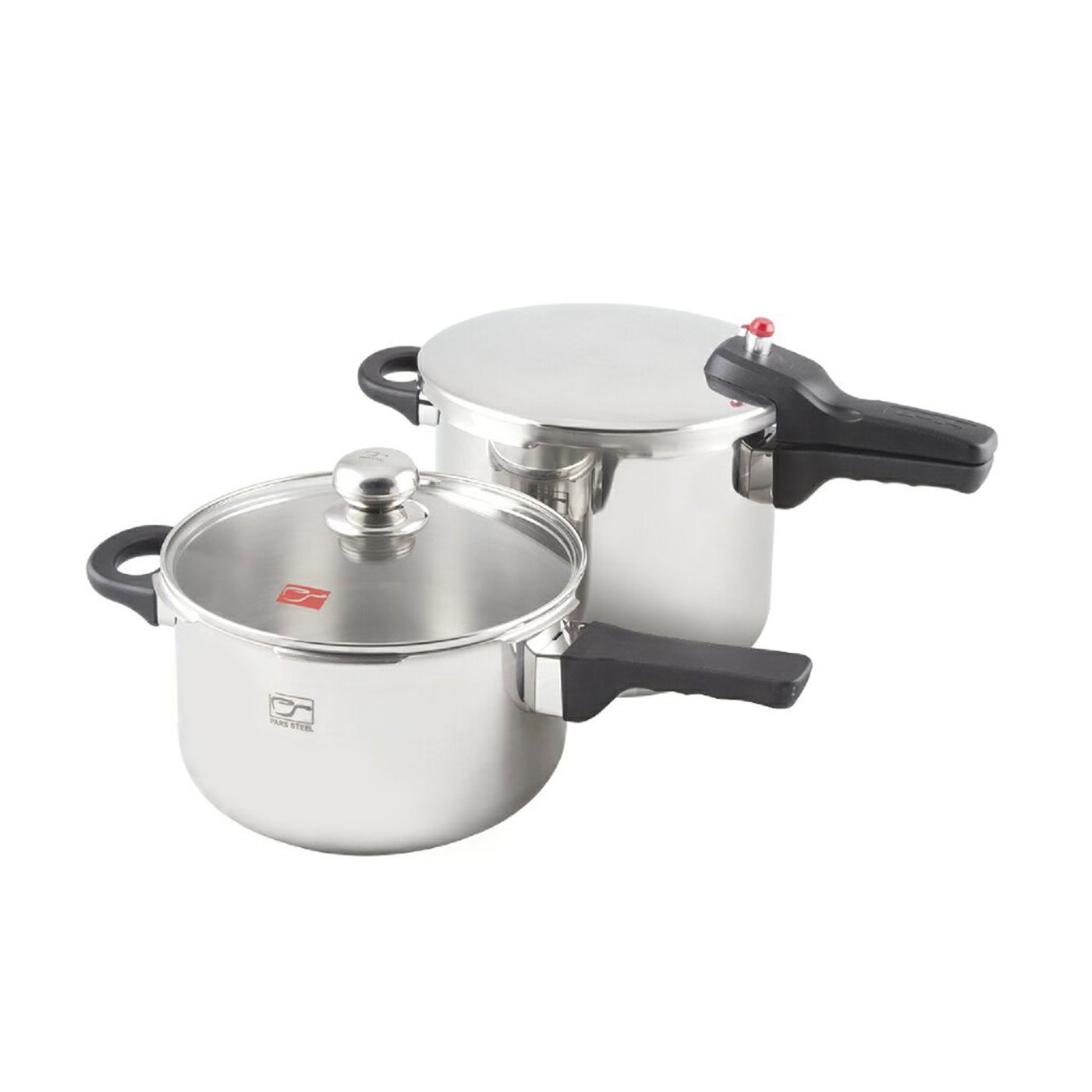 دیگ زودپز استیل دوقلو با در پیرکس کف سه لایه 4/5 و 6 لیتری