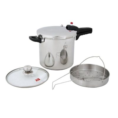 ديگ زودپز استیل کف سه لایه پارس ۷ ليتری با در پيركس و سبد بخار پز