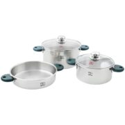 سرویس قابلمه ۵ پارچه استیل مدل رایکا دسته سبز کف سه لایه