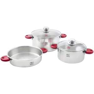 سرویس قابلمه استیل کف سه لایه ۵ پارچه مدل رایکا دسته قرمز