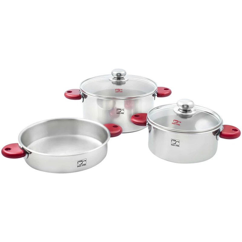 سرویس قابلمه استیل کف سه لایه ۵ پارچه مدل رایکا دسته قرمز