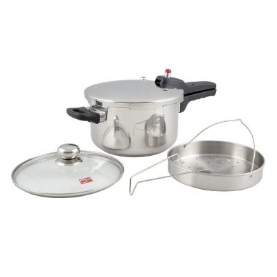 ديگ زودپز استیل کف سه لایه پارس ۴/۵ ليتری با در پیرکس و سبد بخار پز