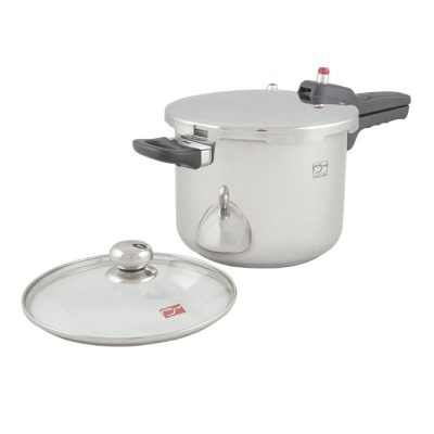 دیگ زودپز استیل کف سه لایه ۶ لیتری پارس همراه با درِ پيركس سایز ۲۲