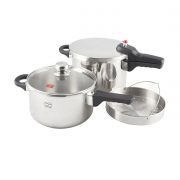 ديگ زودپز دو قلو استیل پارس با در پیرکس و سبد بخارپز کف سه لایه 4/5 و 6 لیتری