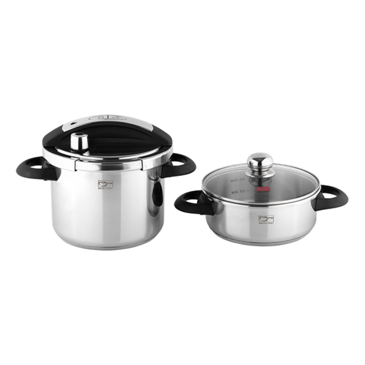 دیگ زودپز دوقلوی پارس استیل مدل شف با در پیرکس ۳ و ۶ لیتری