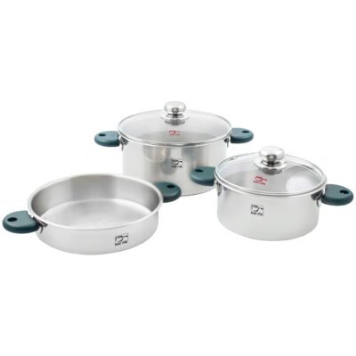 سرویس قابلمه ۵ پارچه استیل مدل رایکا دسته سبز کف سه لایه