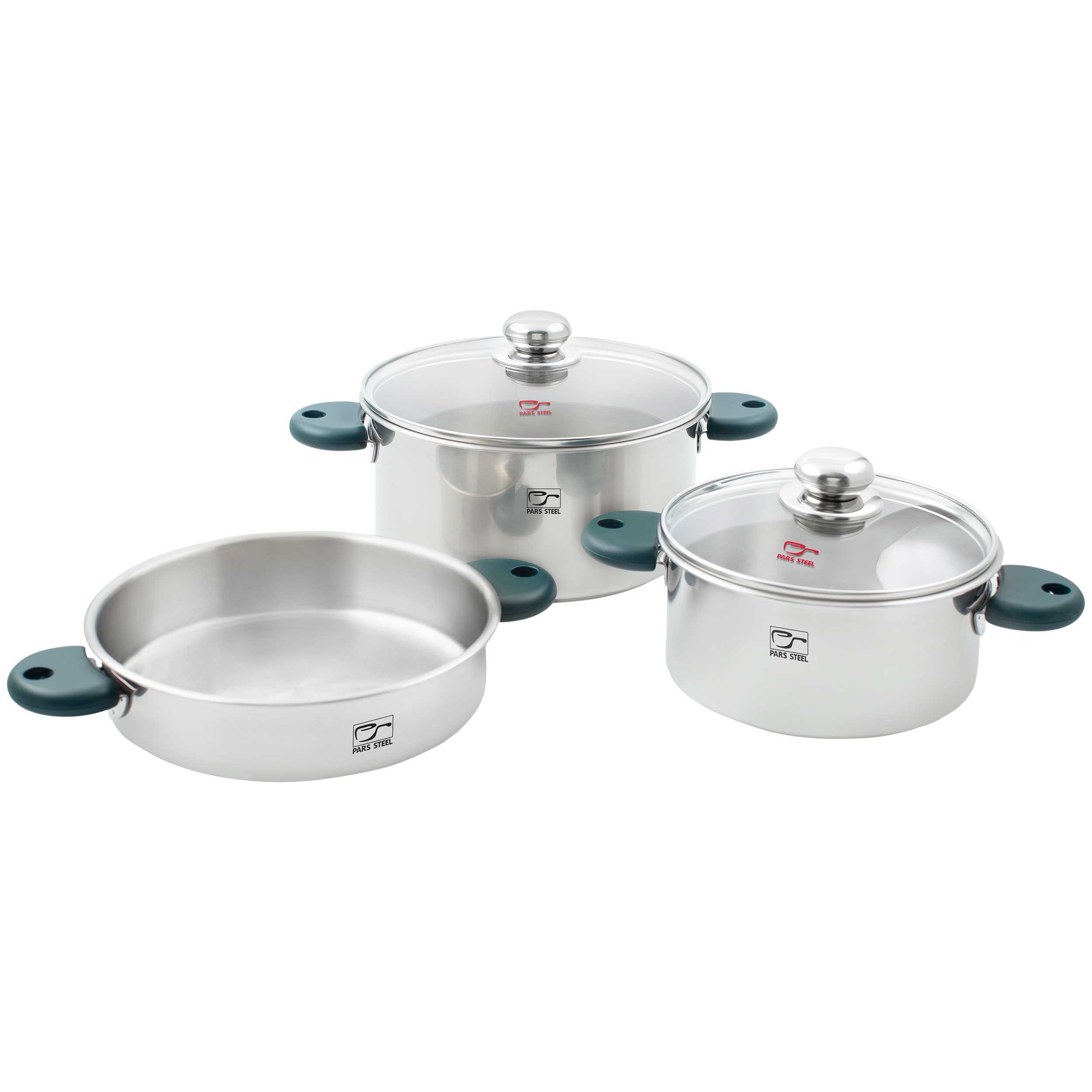 سرویس قابلمه ۵ پارچه استیل مدل رایکا دسته سبز کف سه لایه