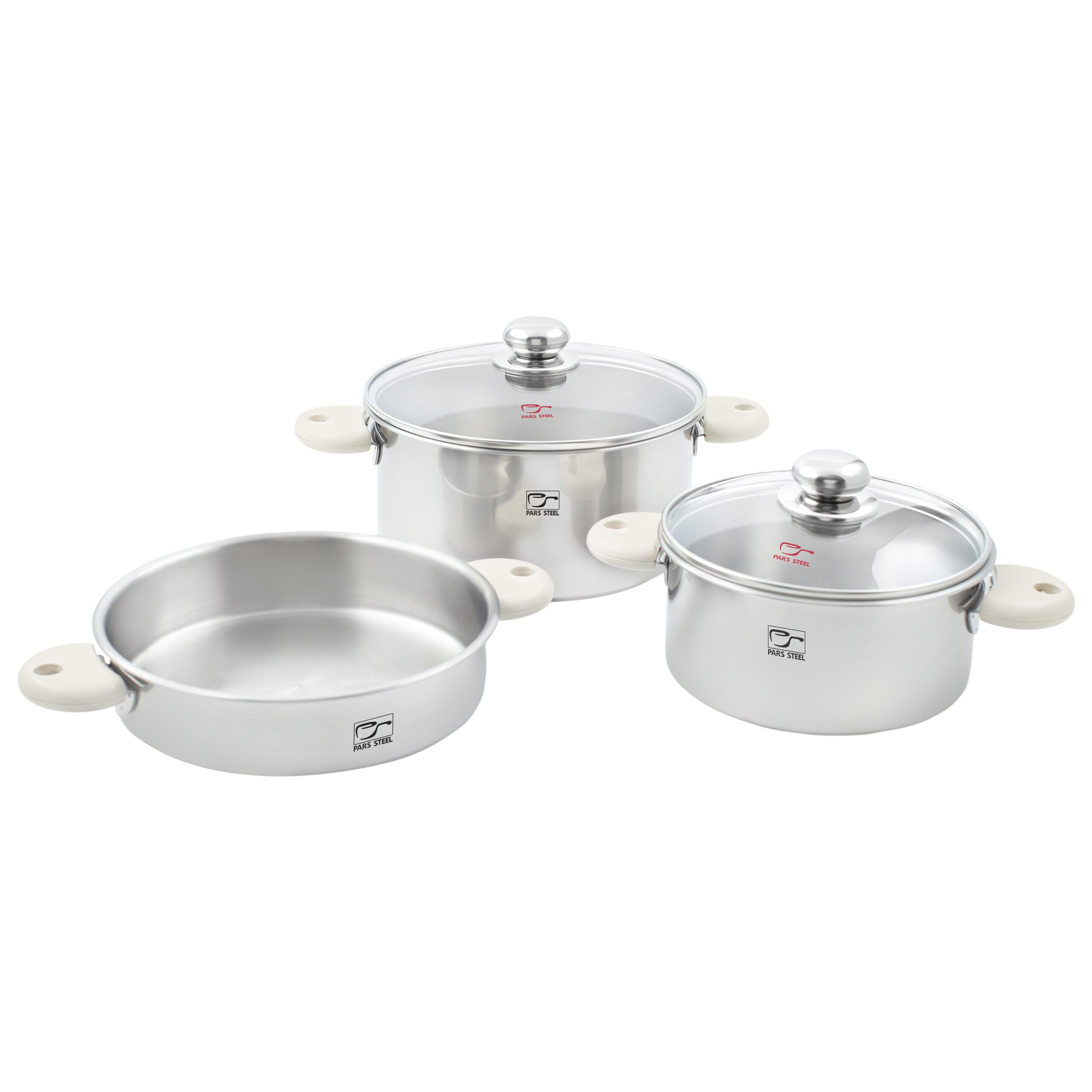 سرویس قابلمه استیل کف سه لایه ۵ پارچه مدل رایکا دسته سفید